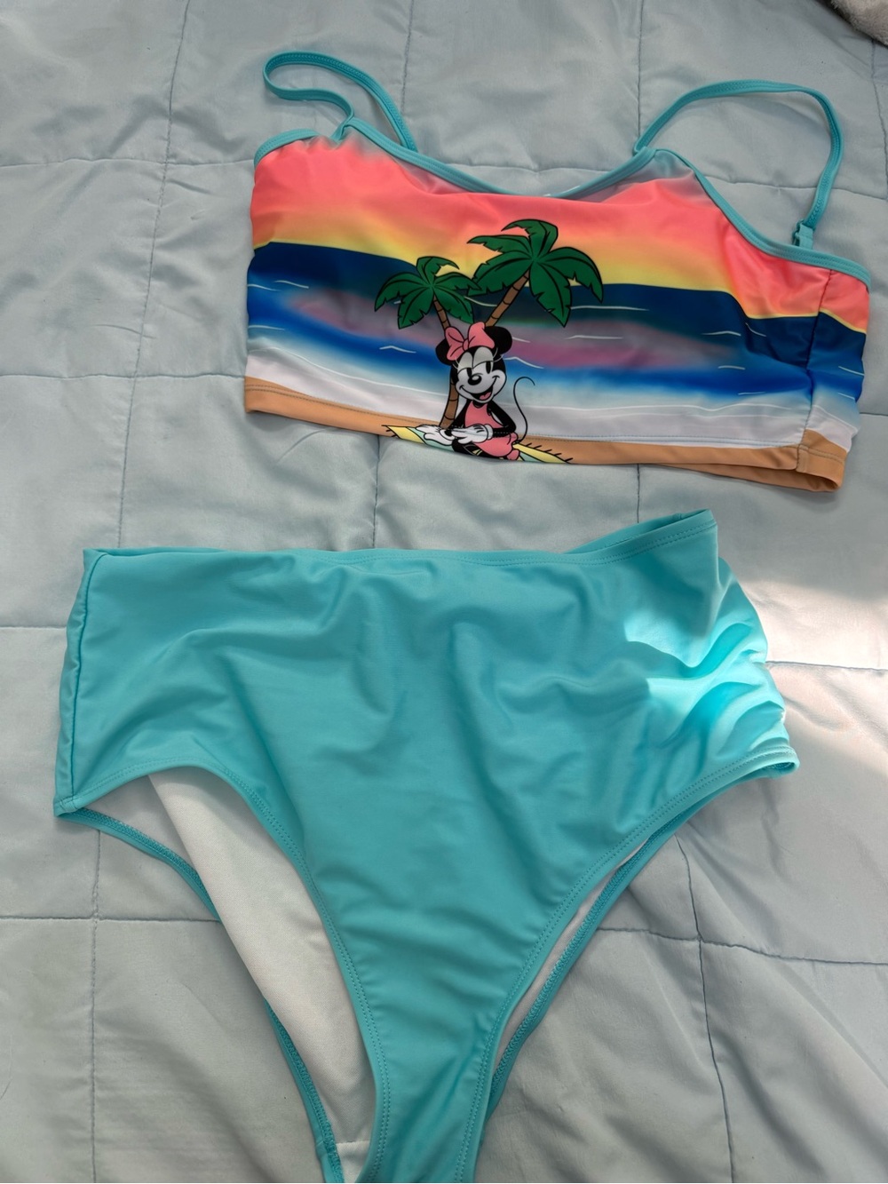 Never worn Disney Woman Turquoise Bikini Set with Rainbow Surf Top